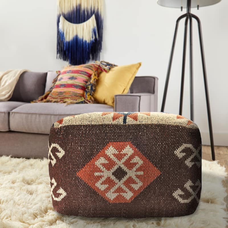 18" Brown and Orange Southwestern Square Pouf Ottoman