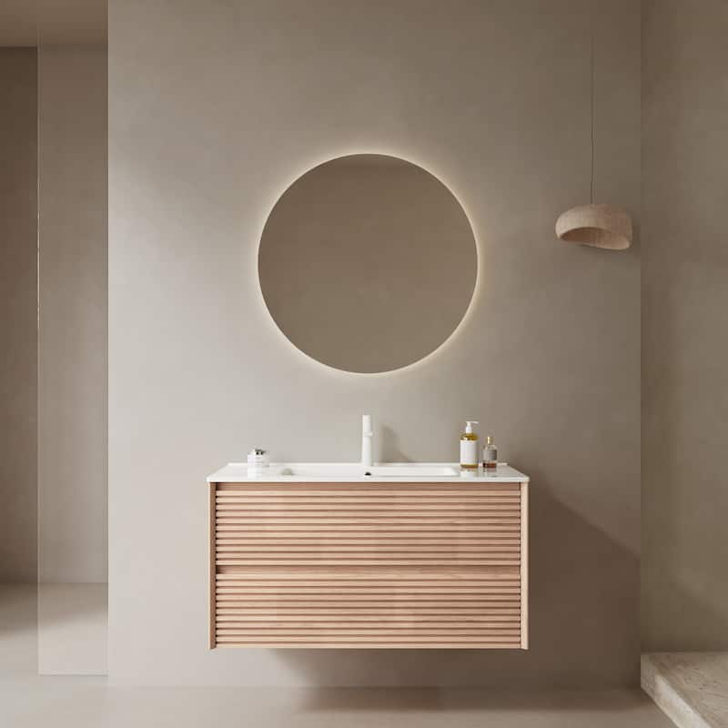 30" Bathroom Vanity with White Ceramic Sink, Natural Walnut Plywood Cabinet, 2 Spacious Drawers
