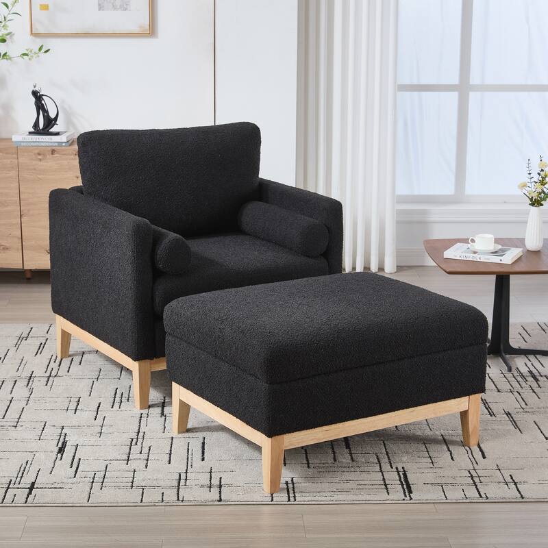 Upholstered Wood Base Square Accent Arm Chair with Ottoman - Black+Natural