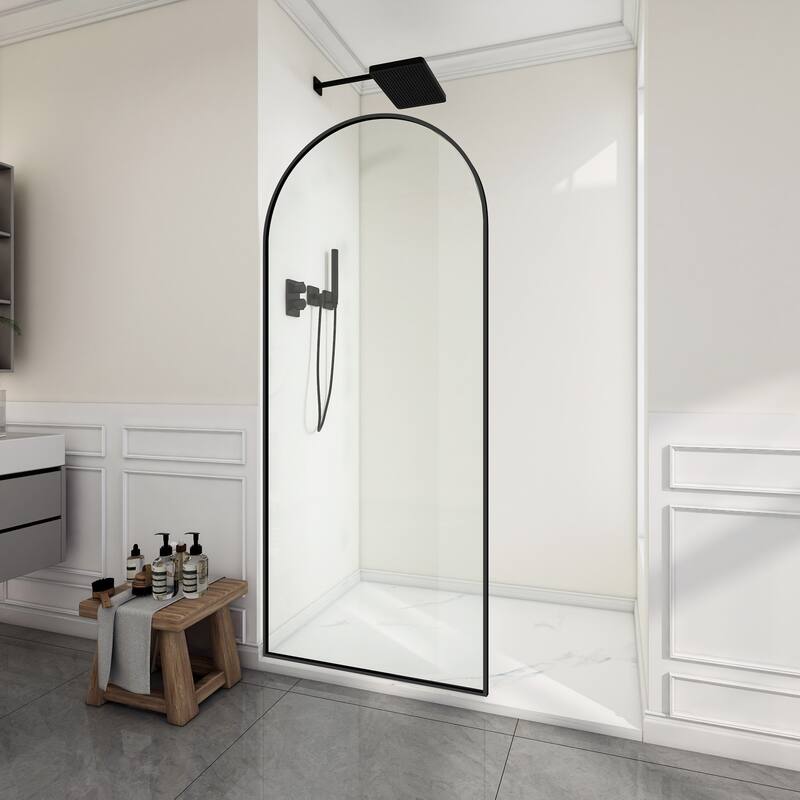 Ember Series 34 in. W x 78 in. H Fixed Framed Shower Door in Black, Gold or Nickel Finish with Clear or Fluted Glass