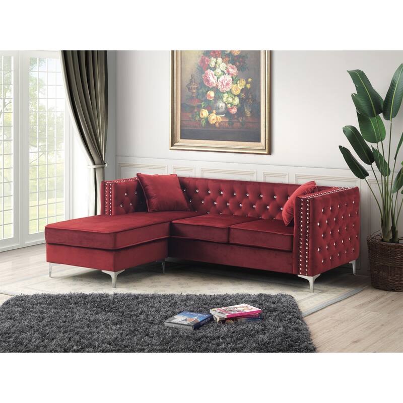 Paige 87 in. Velvet L-Shape 3-Seater Sofa with 2-Throw Pillow - 87"L x 64"W x 30"H - Burgundy