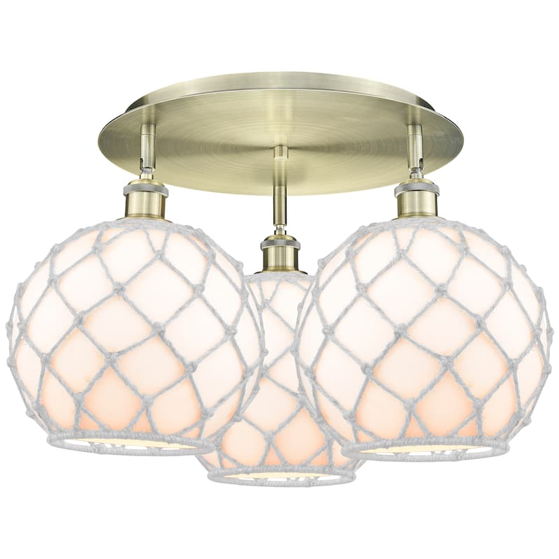 Innovations Lighting Endless Possibilities Ballston - Farmhouse Rope - 3 Light 22" Flush Mount - Antique Brass/White Glass with White Rope