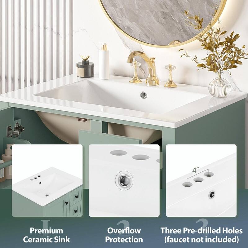 24" Bathroom Vanity with Ceramic Sink, Soft-Close Drawers, Soft-Close Door & Door-Mounted Shelf