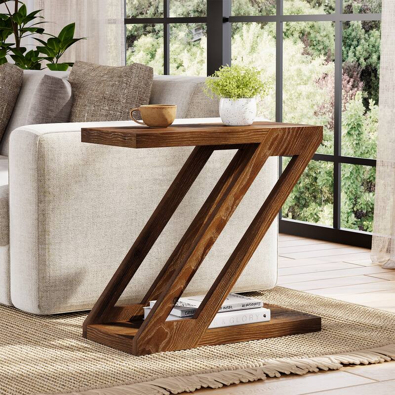 2-Tier Solid Wood Side Table, Accent Nightstand End Table for Living Room, Bedroom