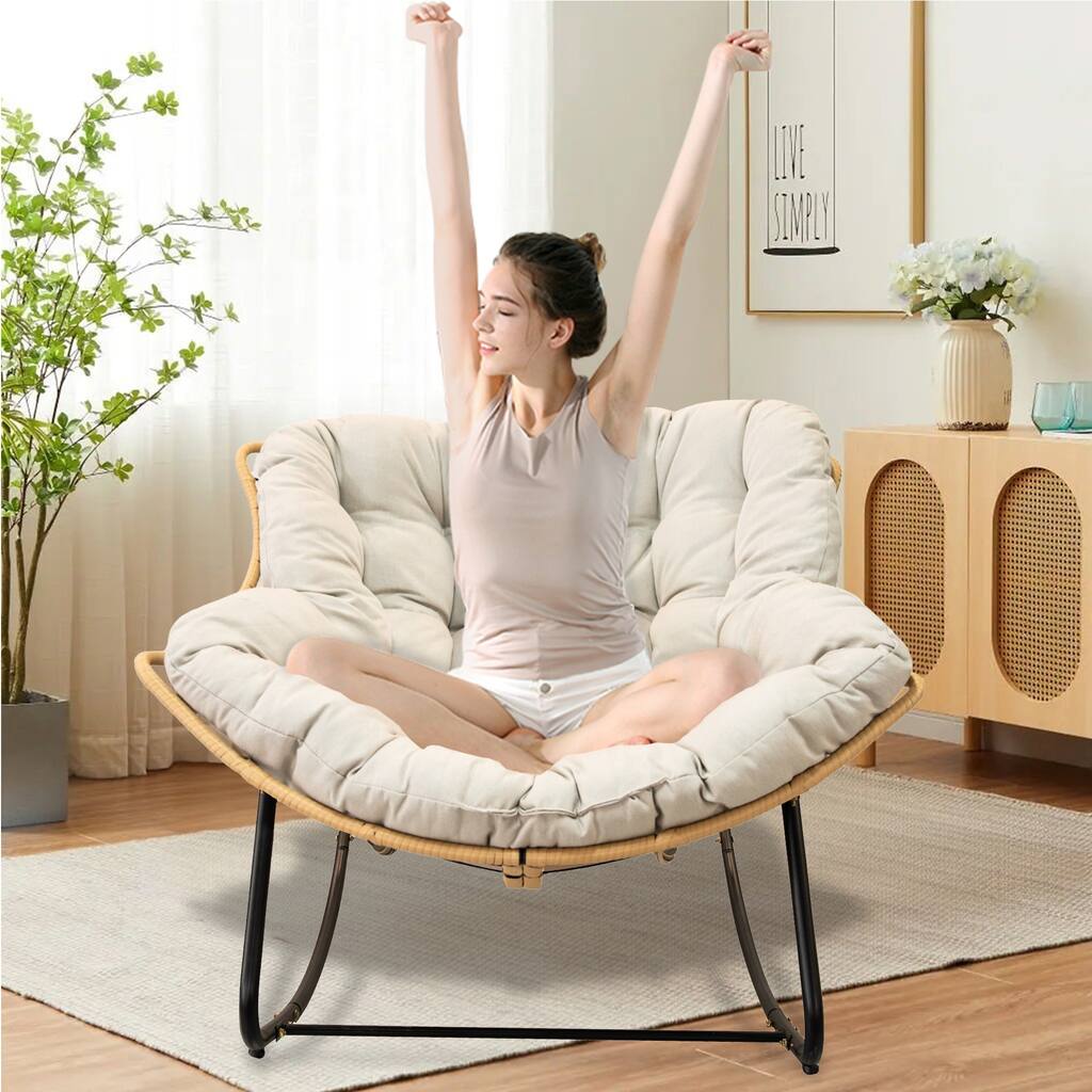 Anmytek Extra Large Indoor-Outdoor Rattan Wicker Egg Rocking Chair Ergonomic Lounge Seat for Patio