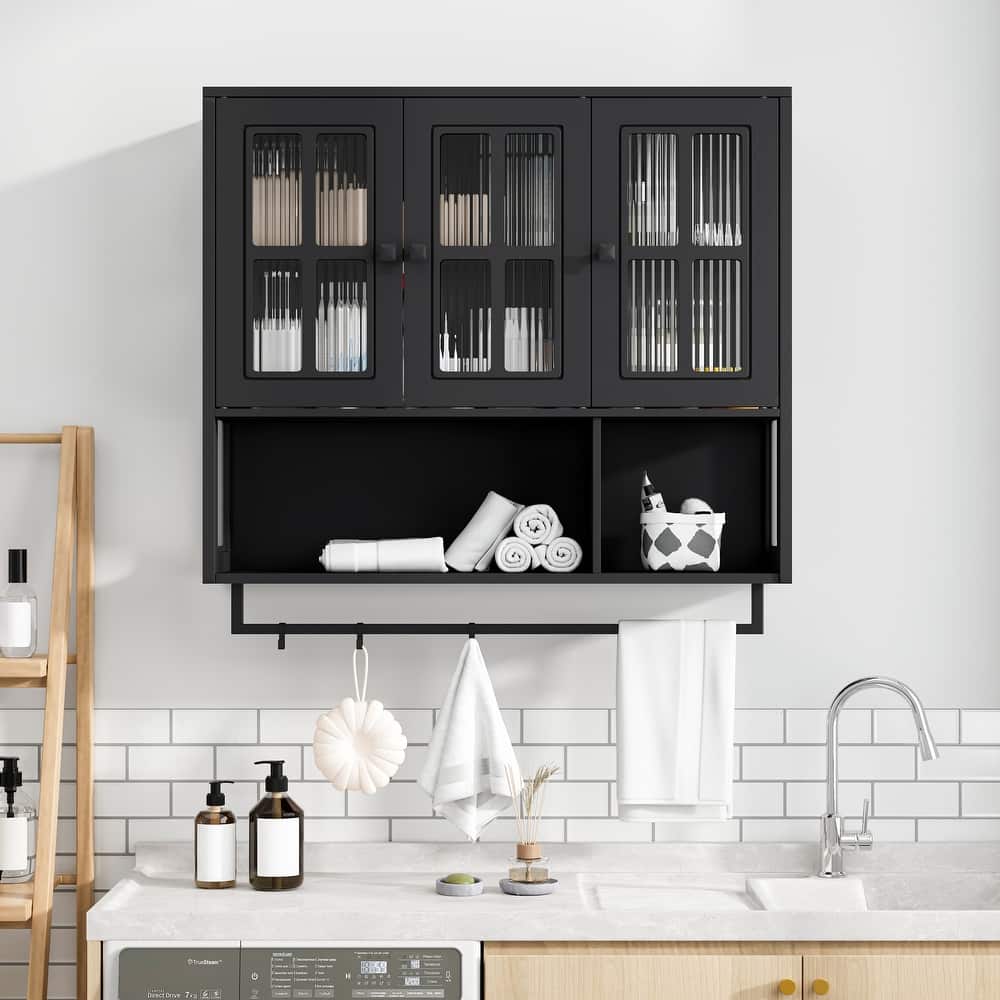 Modern 2 Door/3 Doors Wall Cabinet with 2-tier Enclosed Storage, 1 Open Shelf, and Towel Rack