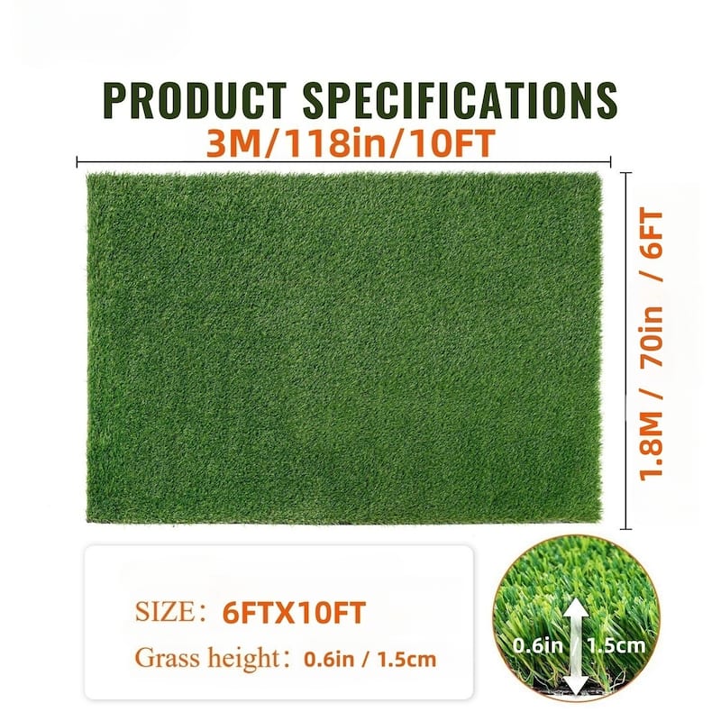 6ft x 10ft Premium Artificial Turf Mat with Drainage Holes. Thick Fake Grass with Rubber Backing(Grass height 0.6 inches/1.5cm)