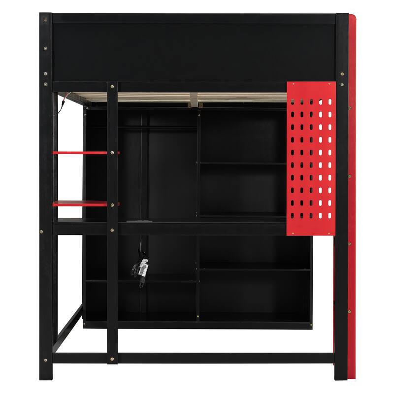 Full Size Gaming Loft Bed with Desk & Wardrobe, Wooden Storage Bed with RGB LED Lighting, Charging Station