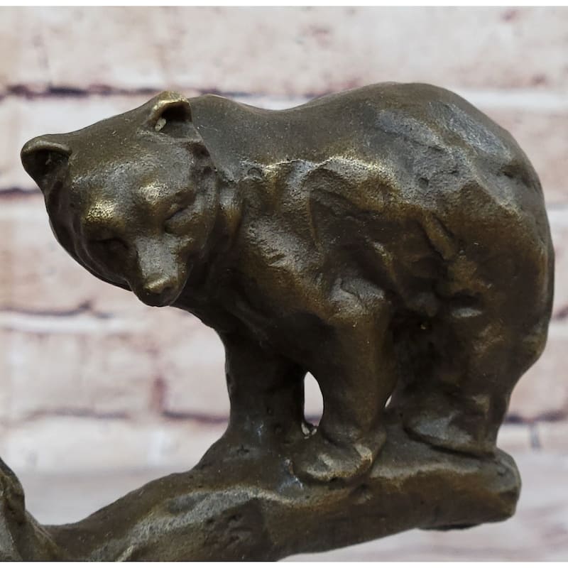 Green Patina Bear Family On A Tree Stump Bronze Sculpture Statue Figurine