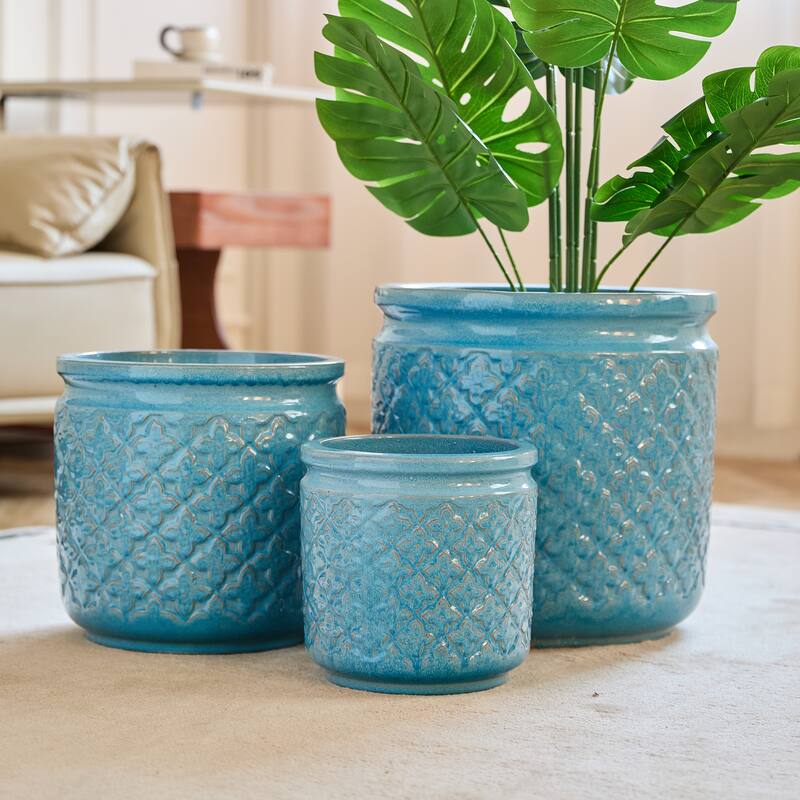 Set of 3 Handmade Ceramic Planters, Diamond, Pattern Breathable Clay