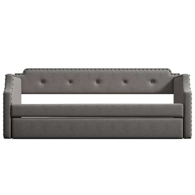 Gray Twin Upholstered Daybed with Trundle, Wood Slat Support, Sofa Bed for Guest Rooms
