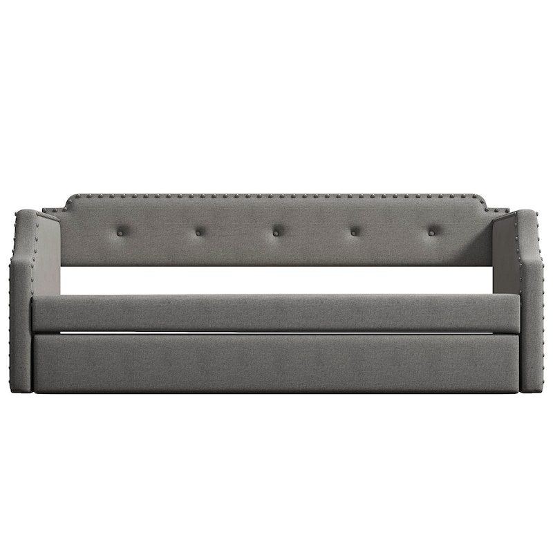 Upholstered Daybed With Trundle, Wood Slat Support,Upholstered Frame Sofa Bed