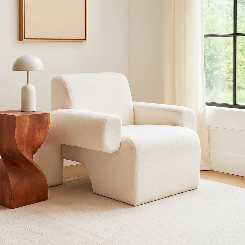 Contemporary Accent Chair, Extra Soft Ivory Sherpa Fabric, 36 Inch