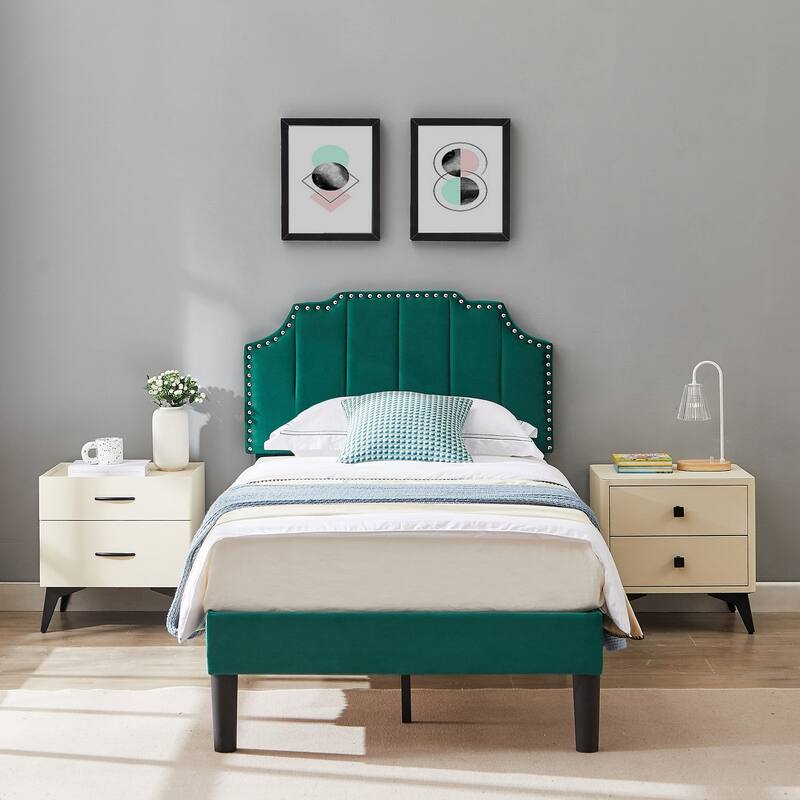 VECELO Double Twin Bed Set 41"-47" Adjustable Height Platform Bed with Nailhead Trim 7.8" Underbed Storage No Box Spring Needed