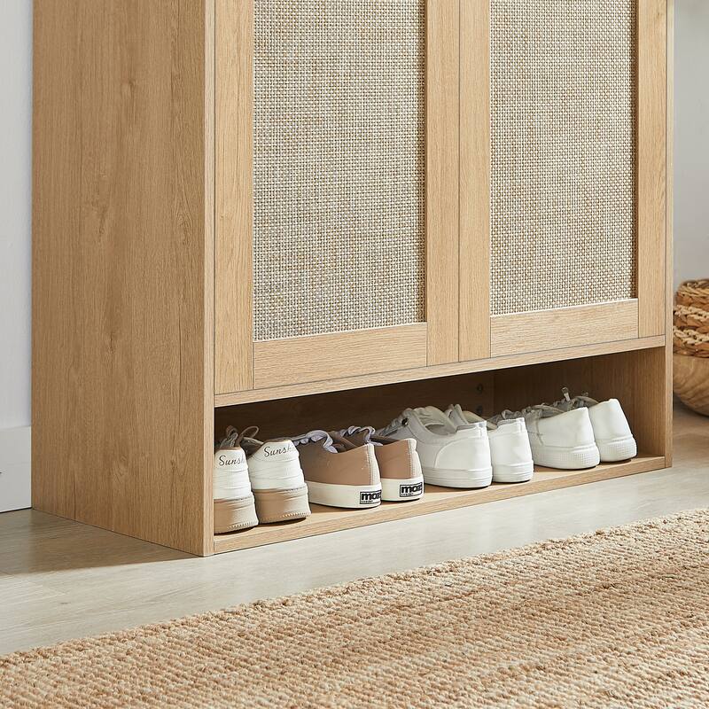 Rattan Shoe Cabinet with Doors & Open Bottom Shelf, Shoe Storage Cabinet with Adjustable Shelves, Wooden Shoes Rack Organizer