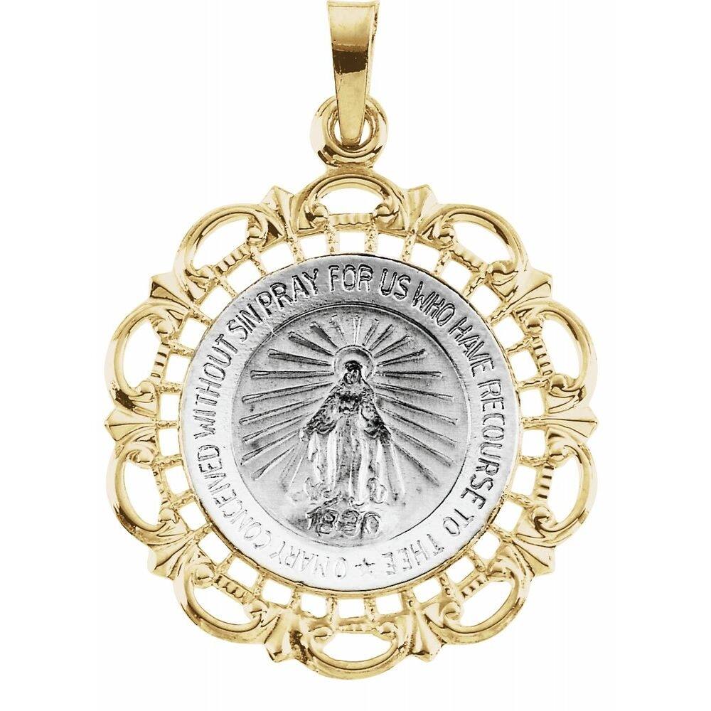 14k Yellow Gold and White Gold 21mm Round Miraculous Medal Pendant