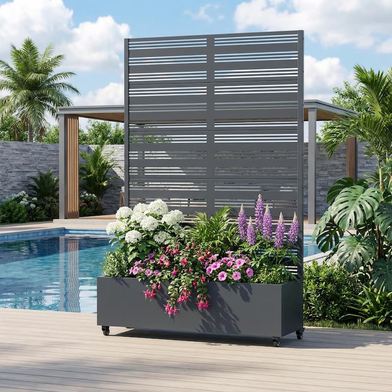 Outdoor Metal Galvanized Privacy Screen Planter Box with Trellis Lockable Wheels