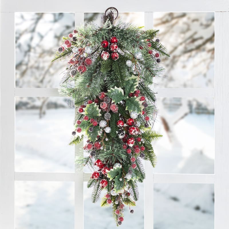 Glitzhome Christmas Berry Bow Pinecone Bell Holy Leaf Teardrop Swag Xmas Wreath