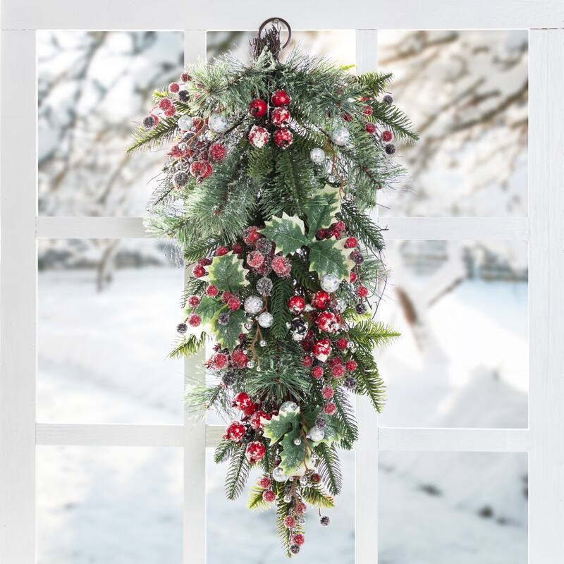 Glitzhome Christmas Red Pomegranate Berry & Holy Leaf Wreath or Teardrop