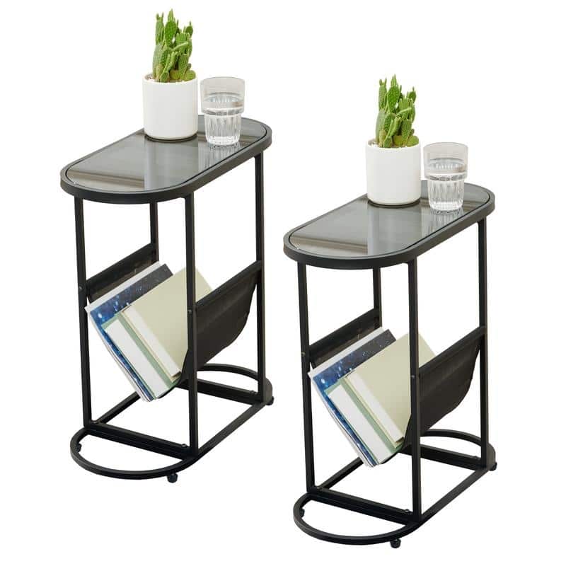 Oval Narrow Side Table Set of 2 End Tables with Organizer Storage