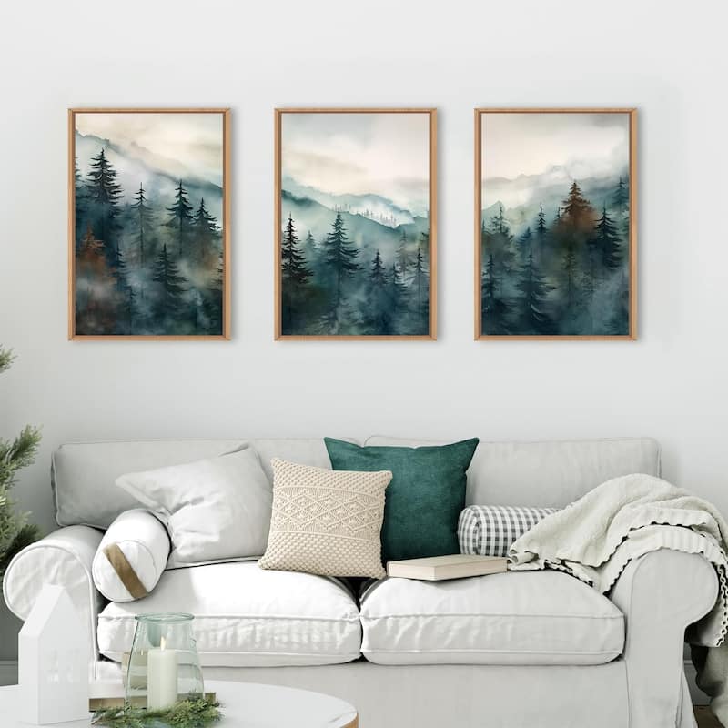 Nature Landscape Wall Decor, Foggy Mountain Pine Trees Wall Painting