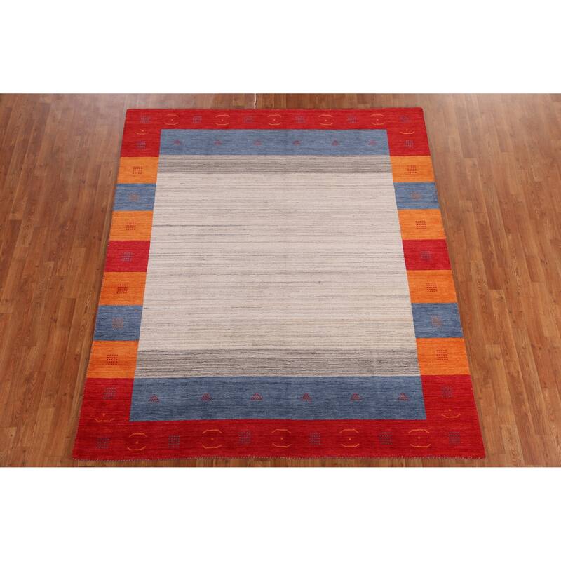 Hand Knotted Oriental 100% Wool Carpet Tribal Bordered Beige & Ivories Gabbeh Area Rug - 7' 11'' X 6' 9''