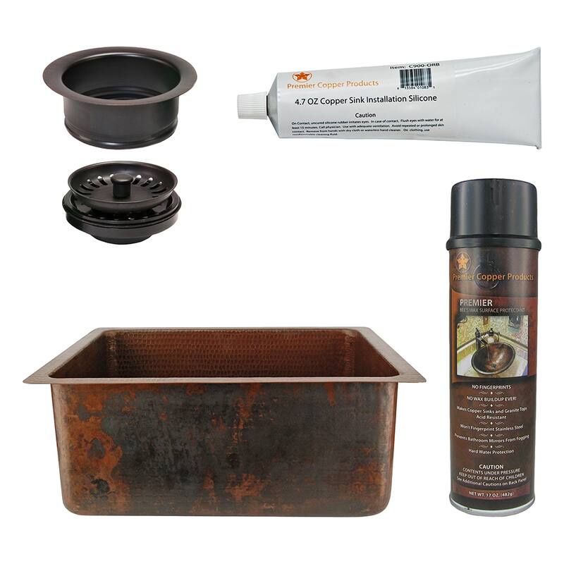 20" Hammered Copper Kitchen/Bar/Prep Single Basin Sink, Matching Drain and Accessories