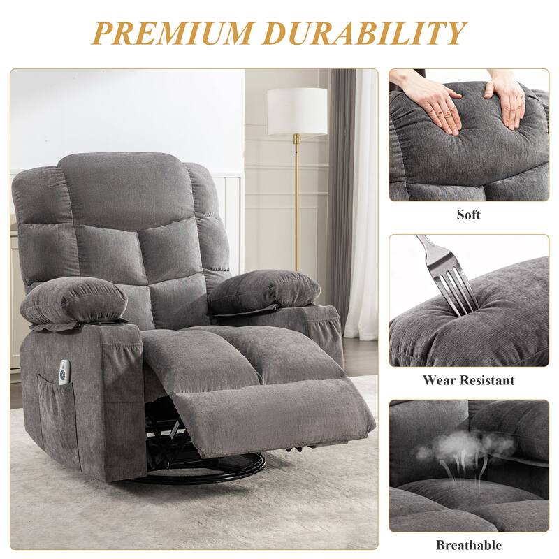 Swivel Massage Recliner Chair with Lumbar Heating, Oversized Lounge Sofa with Cup Holders, USB Port & 2 Side Pockets