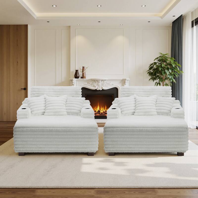 2 Set Flannel Upholstery Dual Cup Holde Chaise Lounge