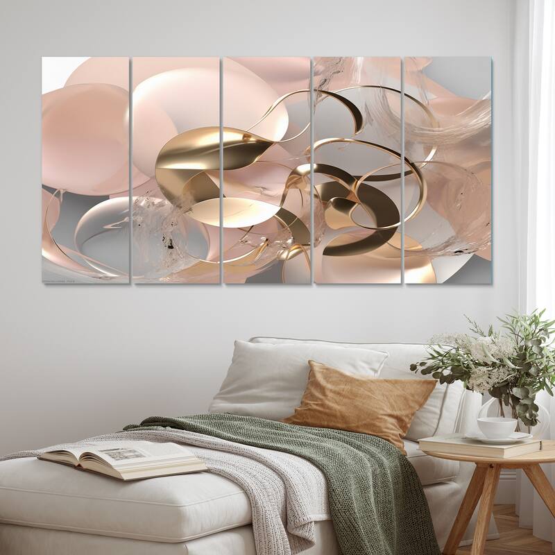 Designart "Liquid Art Gold And Pink Effervescence" Abstract Multipanel Wall Art Living Room set - 60 In. Wide X 28 In. High - 5 Panels Equal Panels