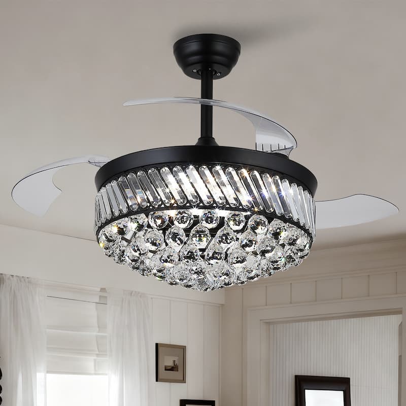 48" Crystal Fandelier Ceiling Fan with Light and Retractable Blades LED Dimmable for Bedroom Living Room - 48 Inches - Black