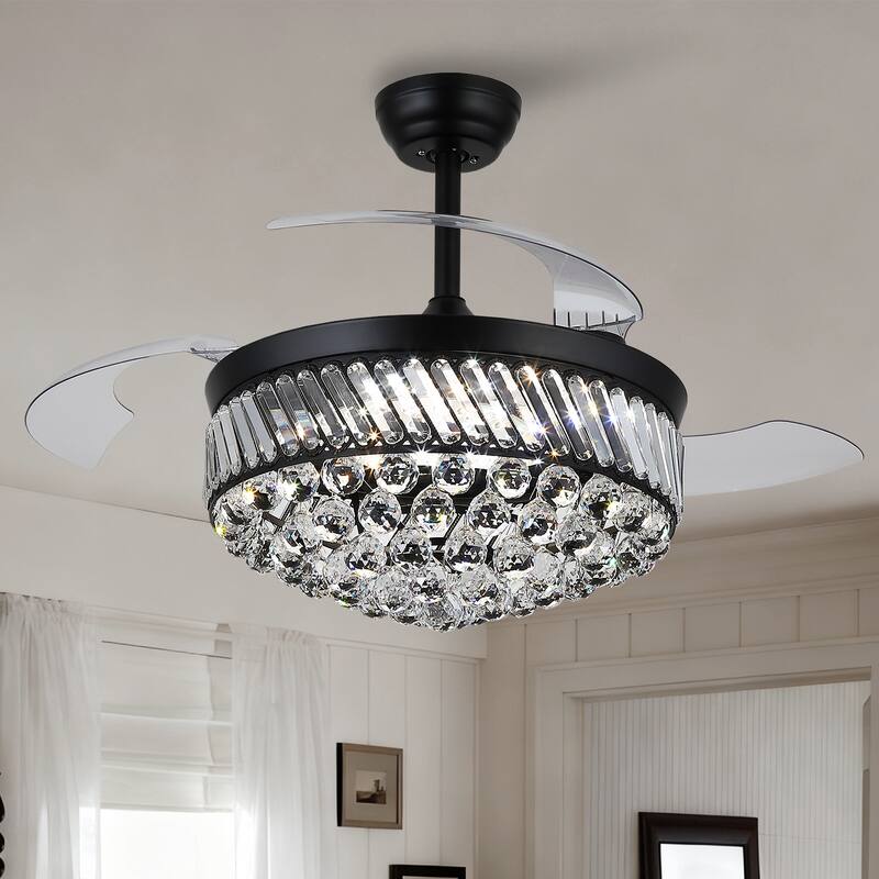 Kviflon 48" Crystal Fandelier Ceiling Fan with Light and Retractable Blades LED Dimmable for Bedroom Living Room - 48 Inches - Black