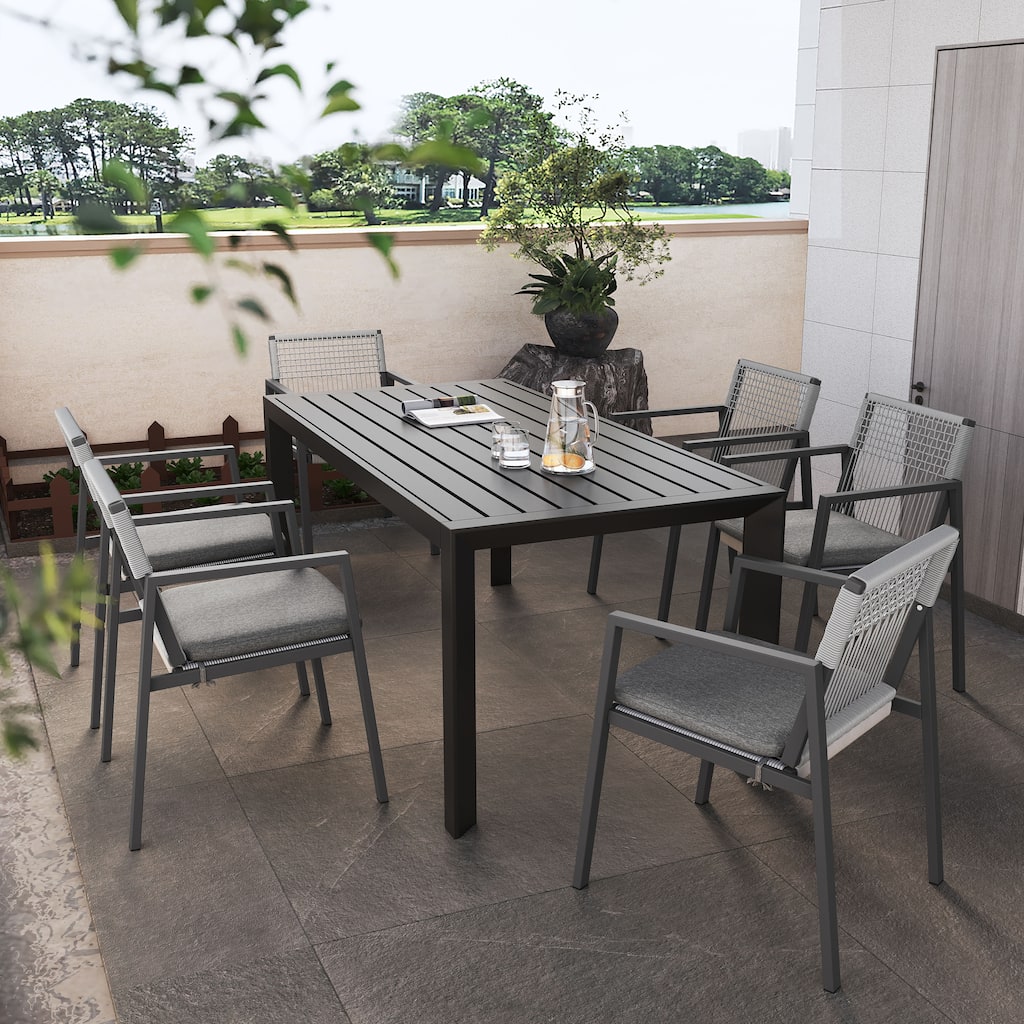 Roomfitters Outdoor Dining Set 7 Piece Aluminum Slat Table Rope Woven Chairs, Grey Black