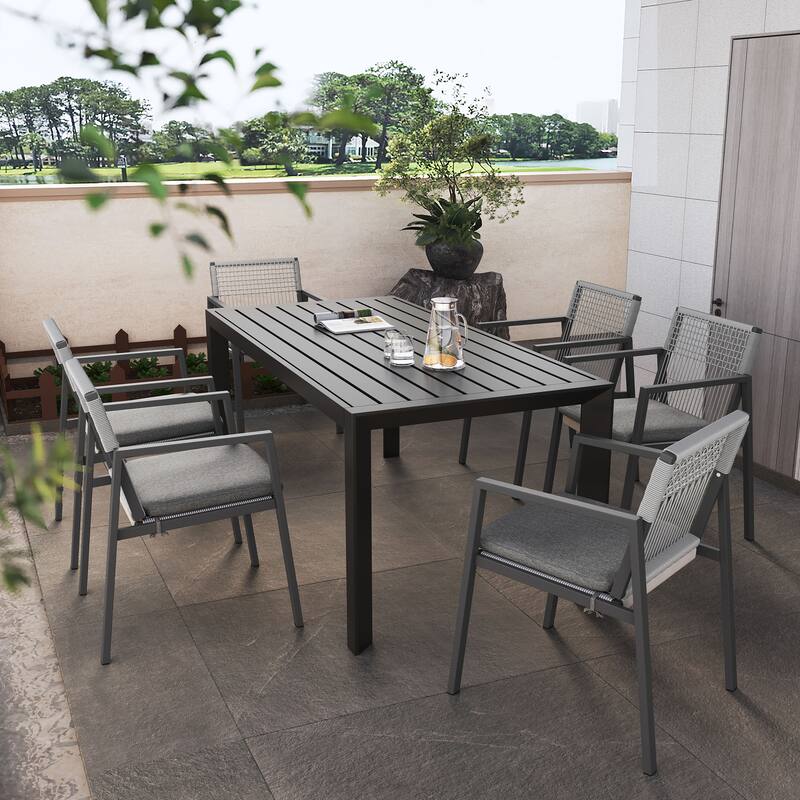 Roomfitters Outdoor Dining Set 7 Piece Aluminum Slat Table Rope Woven Chairs, Grey Black