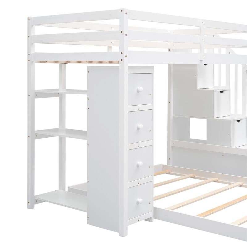 Space-Saving Twin Over Full Bunk Bed with Shelves, Drawers, and Storage Stairs in White