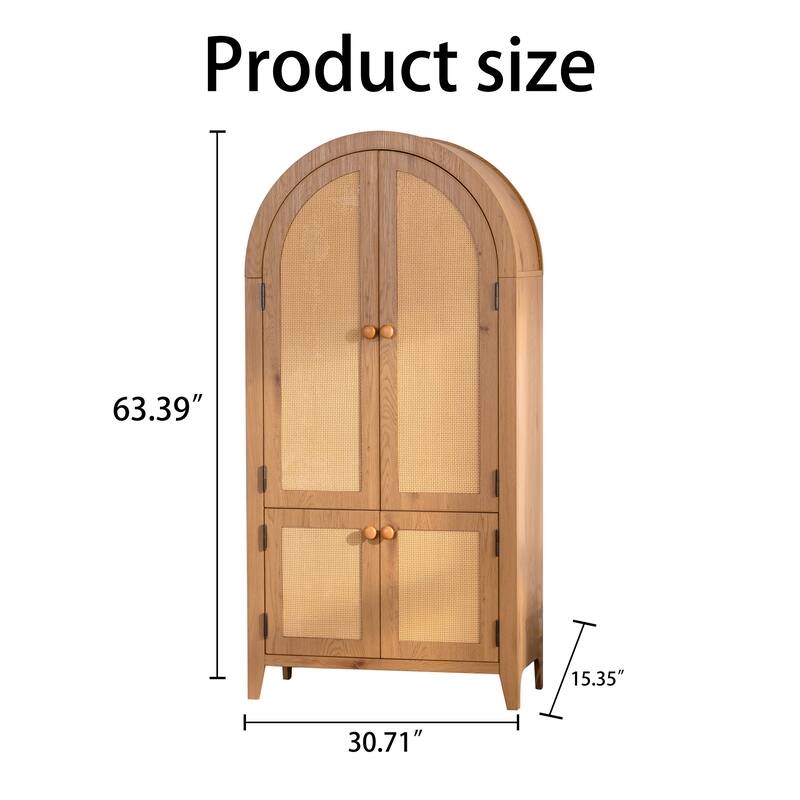 Arched Kitchen Pantry Cabinet, 63.39" Tall Arched Bookcase Rattan Storage Cabinet with Doors Adjustable Shelves, Freestanding