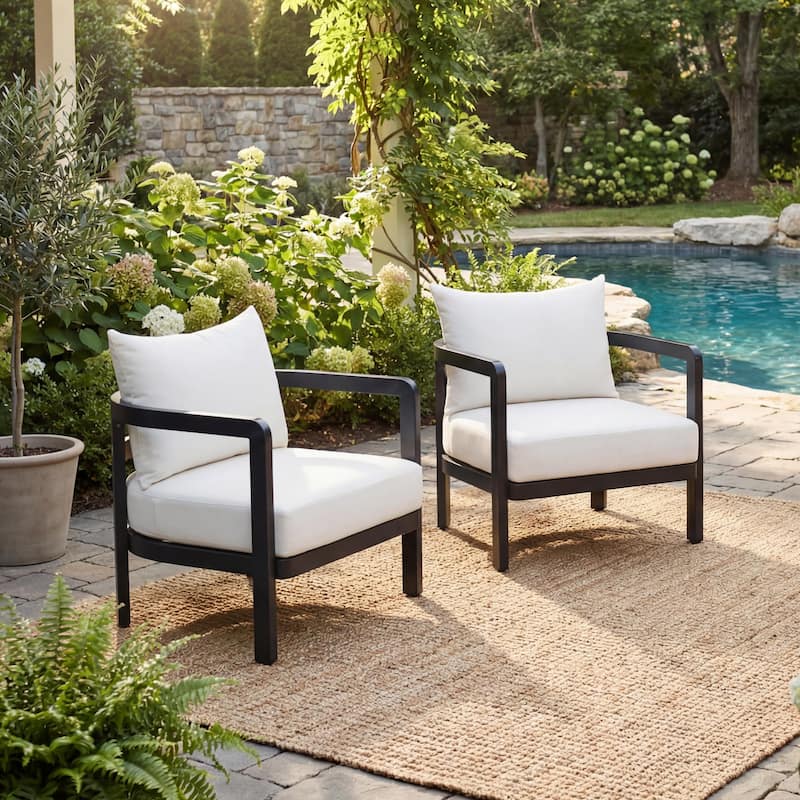 Christopher Knight Home - Modern 27.6" Outdoor Curved Back Patio Club Chair with Aluminum Frame & Water-Resistant Cushions - Set of 2 - Black Frame+White