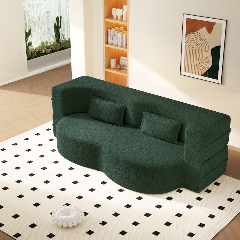 Convertible Floor Sofa with Teddy Fabric, Twin Mattress & No Assembly - Green