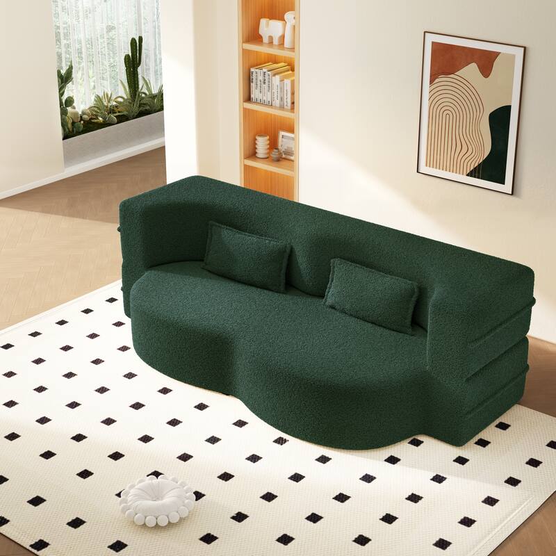 Modern 78.7" Floor Sofa With 2 Pillows For Small Pace Living Room, Convertible Sleeper Sofa Bed - Green Teddy Fabric