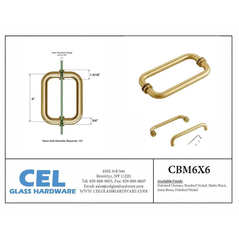 CEL 6"x6" Tubular Stainless Steel Back to Back Shower Door Pull Handle