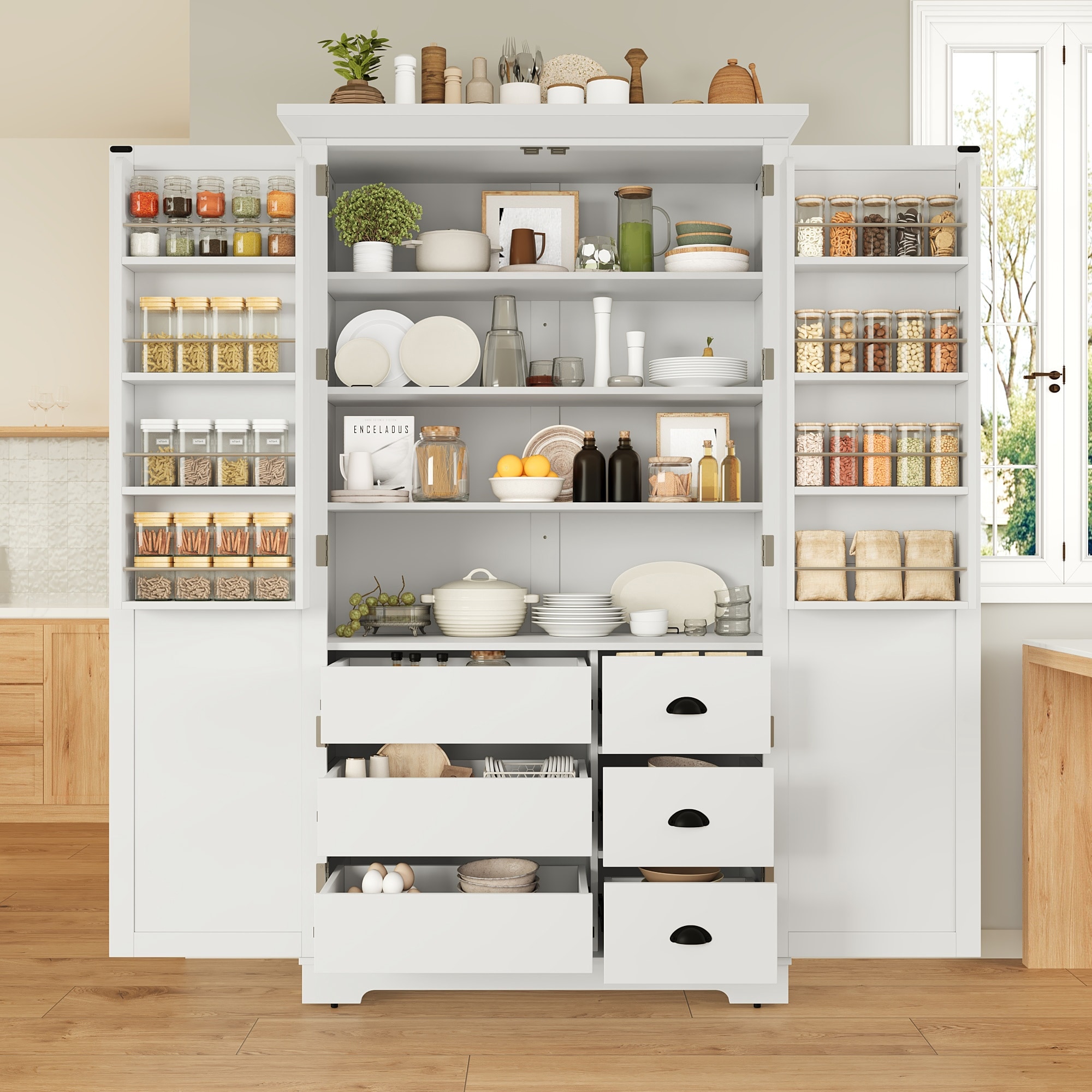 Freestanding Cupboard Storage Kitchen Pantry with Door Shelves, Adjustable Shelves and Pull-out Trays
