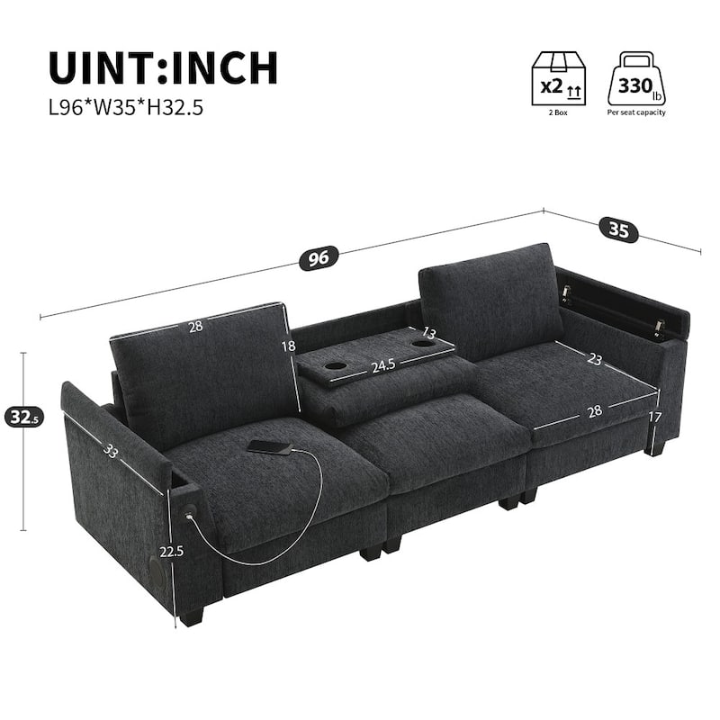 96'' Sectional Sofa with Bluetooth Speaker, Drop Down Table, USB Charger, Storage Armrest