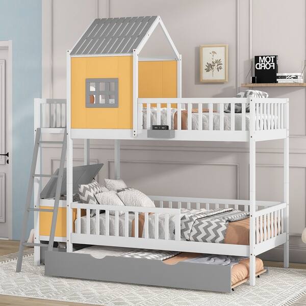 slide 2 of 9, Twin over Twin Bunk Bed with Twin Size Trundle,Farmhouse Bed with Drawer and Storage Box,Housebed Yellow