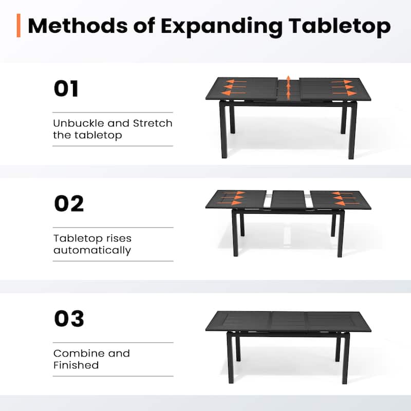 7PC Pellebant Outdoor Patio Aluminum Expandable Dining Set Table WPC Top with Rattan Chairs