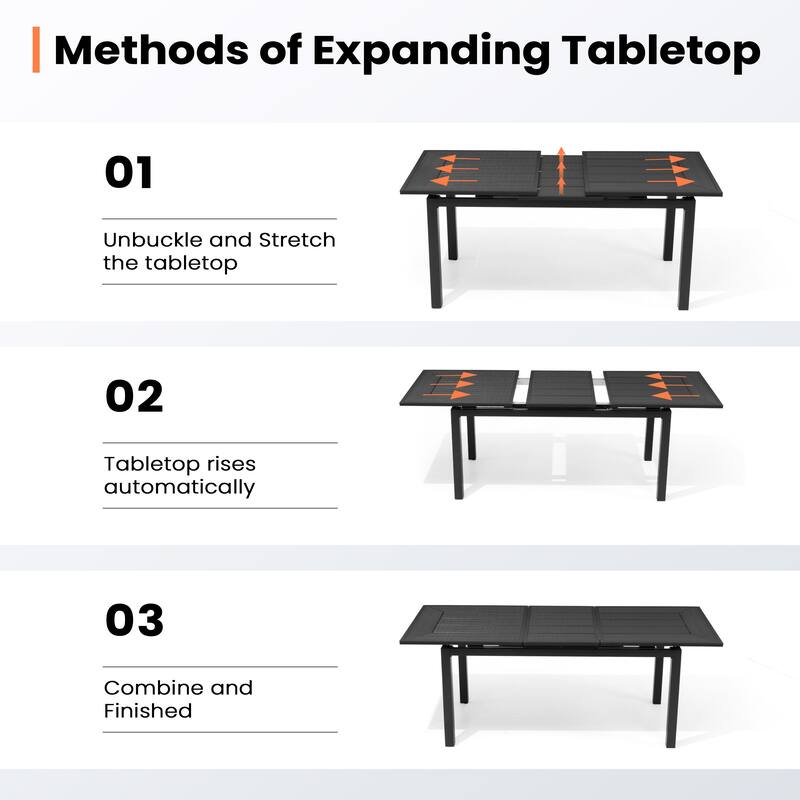 7PC Pellebant Outdoor Patio Aluminum Expandable Dining Table WPC Top with Stackable Armchairs