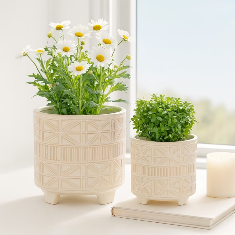 Ceramic Abstract Footed Planters Set of 2 - White, 8/9 in.