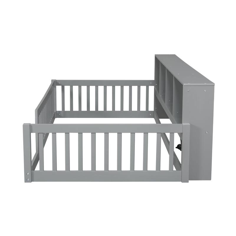 Twin XL Solid Wood Bed With 3 Storage Cabinets, Charging Station Semi Enclosed Safety Fence, 2 Outlets, 2 USB Ports