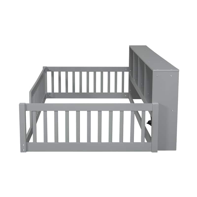 Wood Twin XL Floor Bed with Storage Shelves, USB Ports, and Sturdy Construction, Easy Assembly