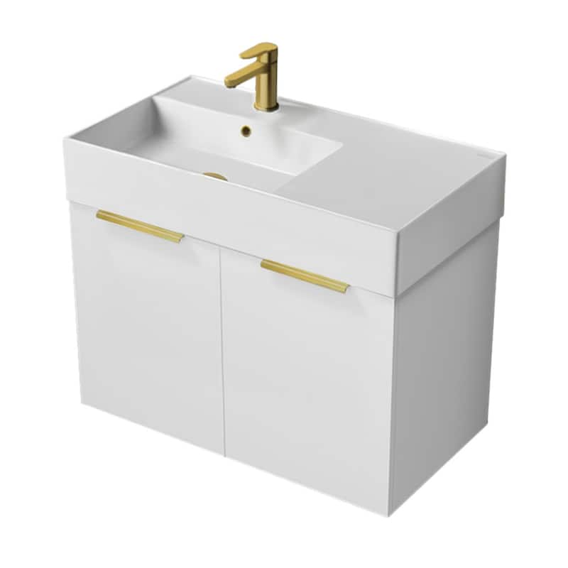 Nameeks Derin-3217-W-C-L Derin 32" Wall Mounted Single Basin Vanity - Gloss White / Matte Gold - Painted