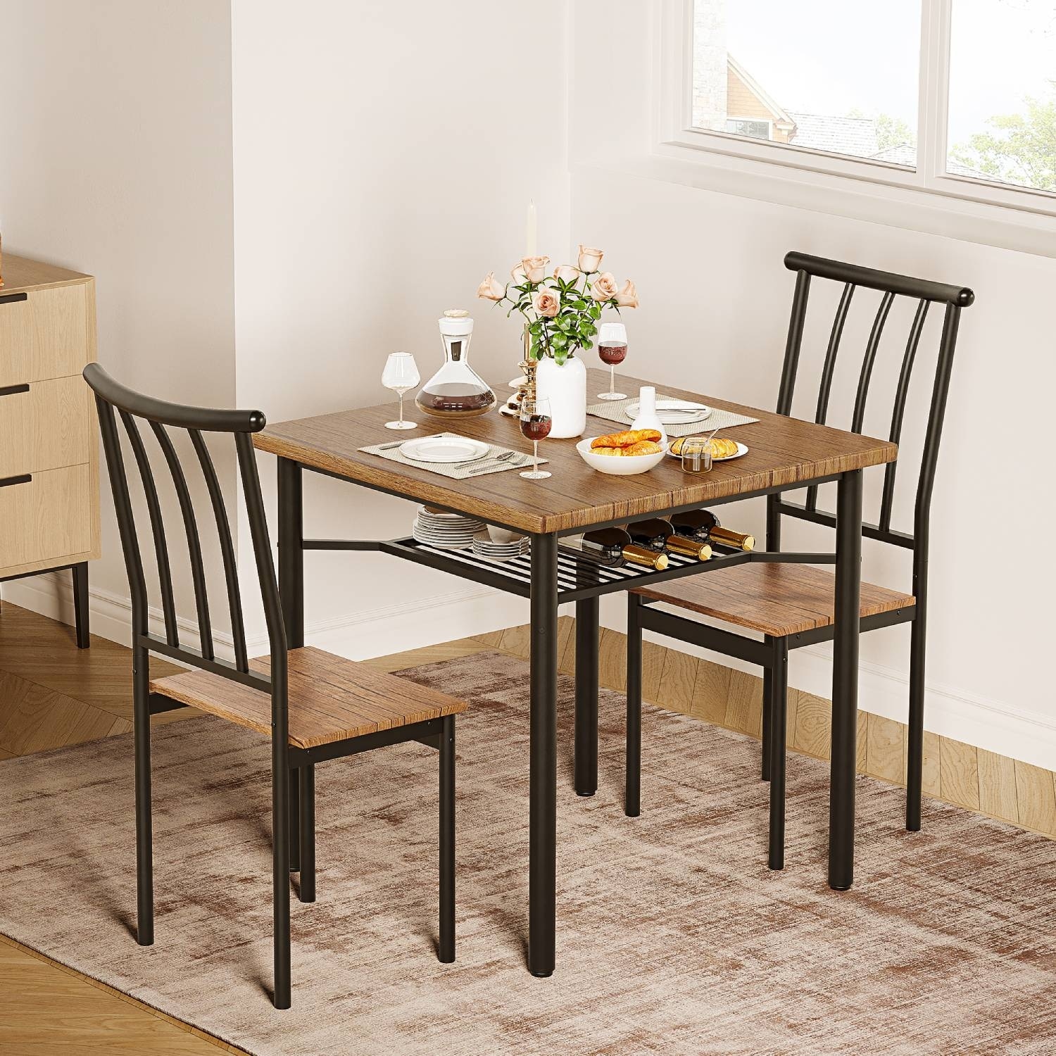 Kitchen Dining Table Set for 2 with Wine Storage Rack
